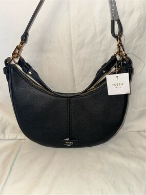 Fossil Black Pebbled Leather Crescent Hobo Shoulder Bag with Gold Hardware NWT